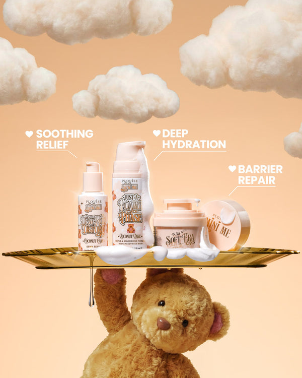 Teddy bear holding a tray with the sensitive skincare kit which makes a great winter skincare routine
