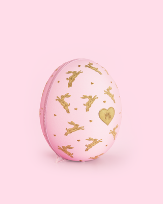 Pink P.Louise easter egg with gold embroidered bunnies and logo