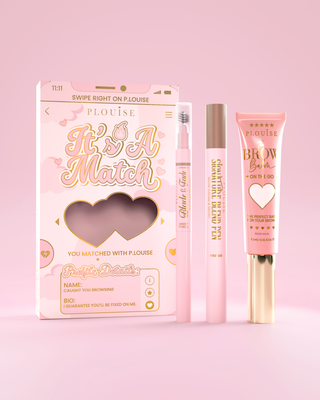 It's A Match cosmetic eyebrow set including P.Louise Signature Blend Pen, Blade & Fade Brow Pencil, and Brow Balm, packaged in pink and gold themed boxes with heart motifs.