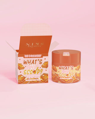 P.Louise 'What's the Scoop?' stretchy body scrub in french toiast scent with a french toast design packaging on a pink background